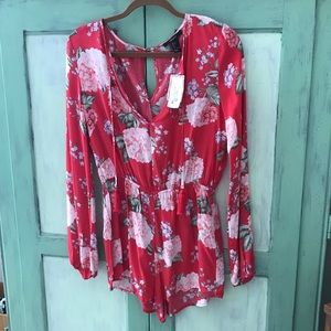 Forever 21 Bright Red Floral Romper